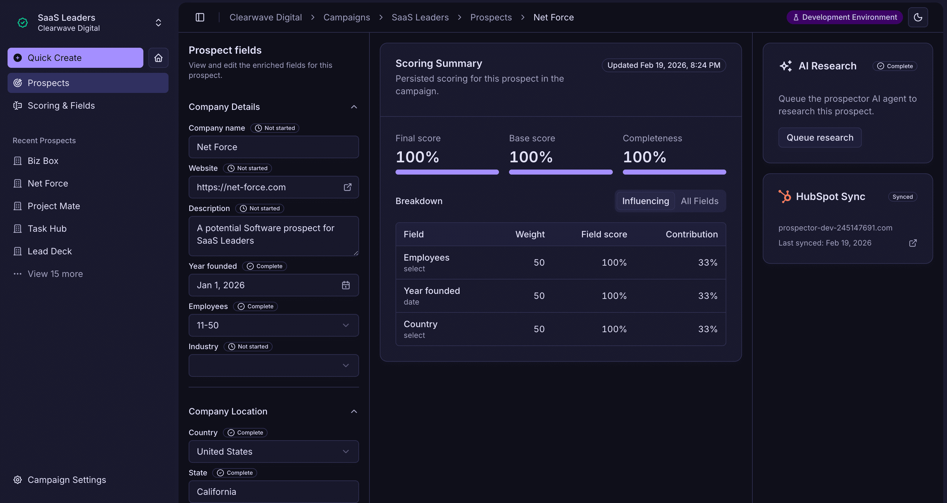 Prospector dashboard showing AI-enriched company data and prospect scores