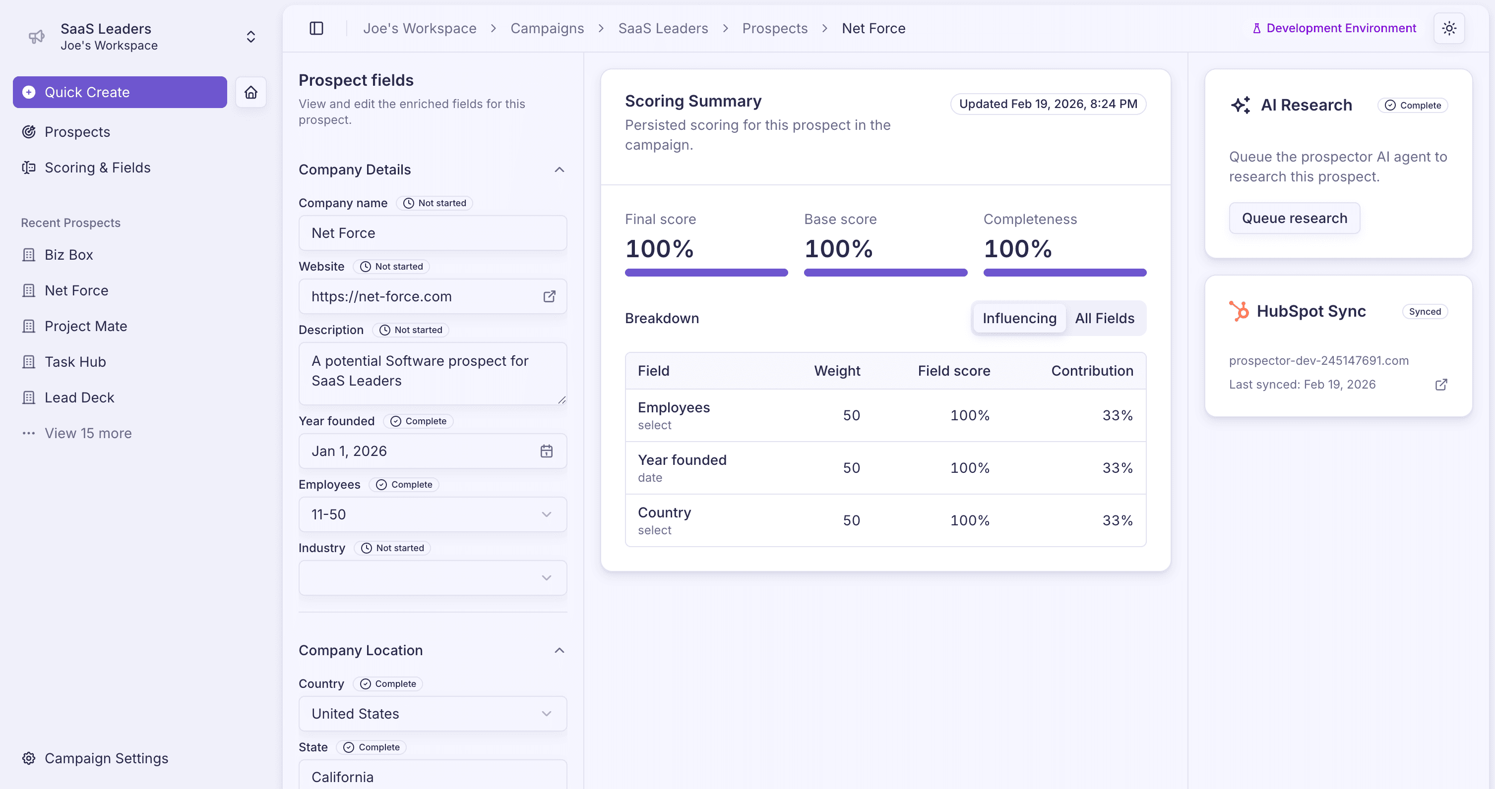 Prospector dashboard showing AI-enriched company data and prospect scores
